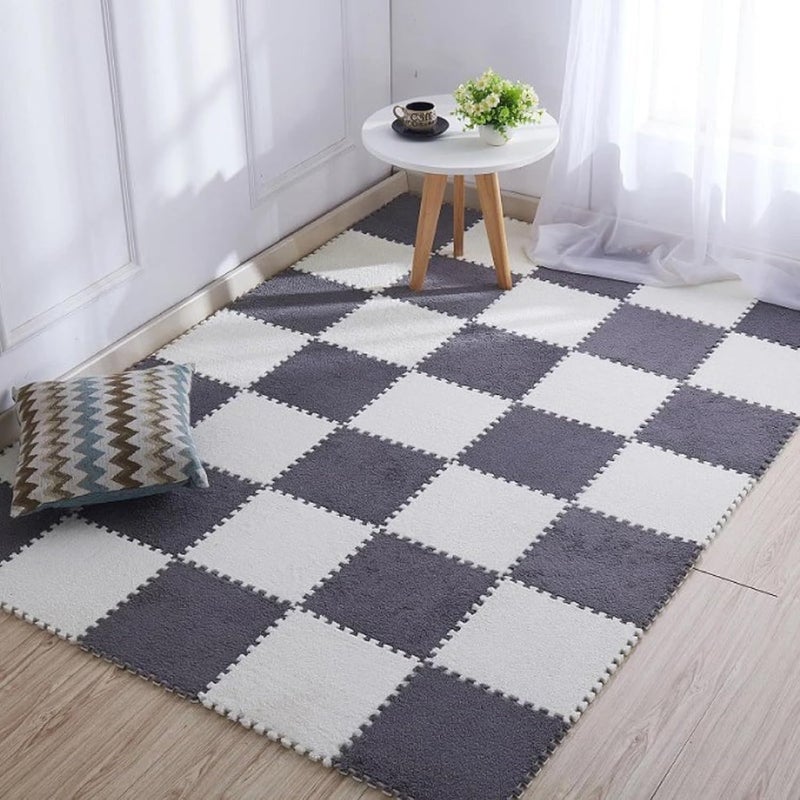 Typutomi 10pcs Plush Puzzle Foam Floor Mat, Soft Fluffy Interlocking Square Foam Tiles Area Rugs Carpet for Parlor Bedroom Decoration(11.8x11.8in, Grey & White) - Image 5